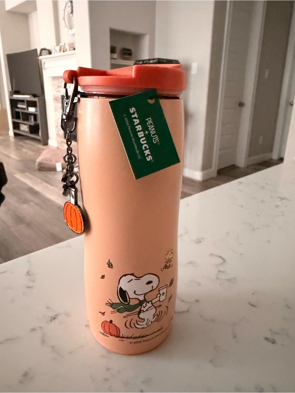 Starbucks Kids Peach Snoopy Water Bottle with Orange Lid & Pumpkin Charm